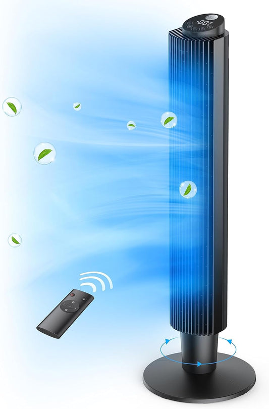 Tower Fan with Remote, 90° Oscillating Quiet Cooling Fan, 42'' or 36'' Height Adjustable, 5 Speeds, Sleep Mode, 12H Timer, Tall Standing Room Fan for Bedroom, Office and Home