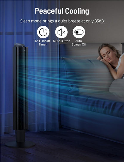 Tower Fan with Remote, 90° Oscillating Quiet Cooling Fan, 42'' or 36'' Height Adjustable, 5 Speeds, Sleep Mode, 12H Timer, Tall Standing Room Fan for Bedroom, Office and Home