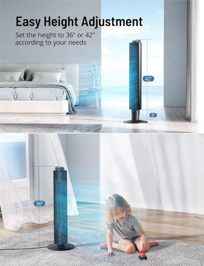 Tower Fan with Remote, 90° Oscillating Quiet Cooling Fan, 42'' or 36'' Height Adjustable, 5 Speeds, Sleep Mode, 12H Timer, Tall Standing Room Fan for Bedroom, Office and Home