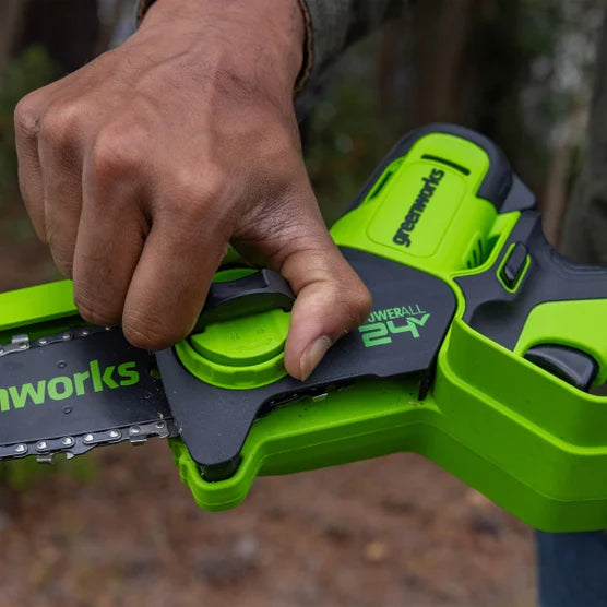 Greenworks 24V 6" Brushless Mini Chainsaw, Small Cordless Handheld Saw, 2.0Ah Battery and Charger Included