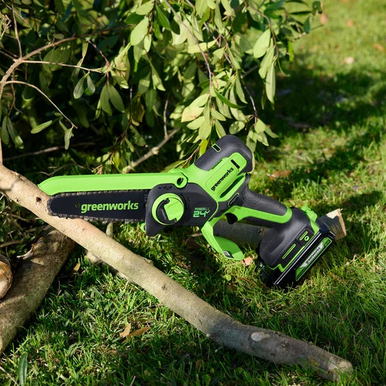 Greenworks 24V 6" Brushless Mini Chainsaw, Small Cordless Handheld Saw, 2.0Ah Battery and Charger Included