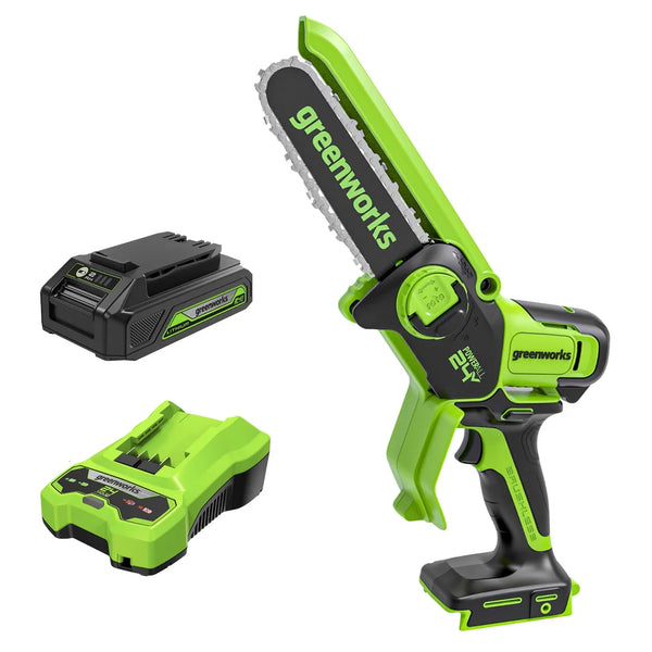 Greenworks 24V 6" Brushless Mini Chainsaw, Small Cordless Handheld Saw, 2.0Ah Battery and Charger Included