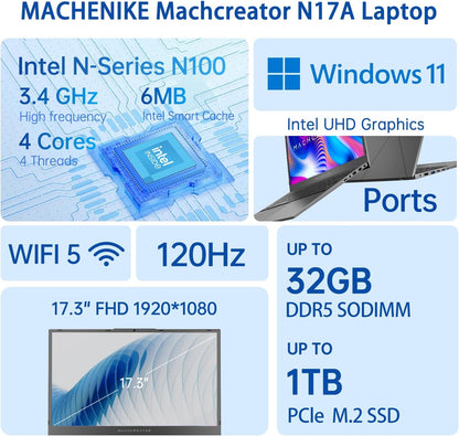 Machenike Machcreator N17A 17.3" Laptop, 17.3" FHD 120Hz Display, 4-Cores Intel Processor, 16GB DDR5 RAM, 512GB PCIe SSD, HDMI, Webcam, Backlit Keyboard, SD Card Reader, Wi-Fi, Windows 11 Home, Grey