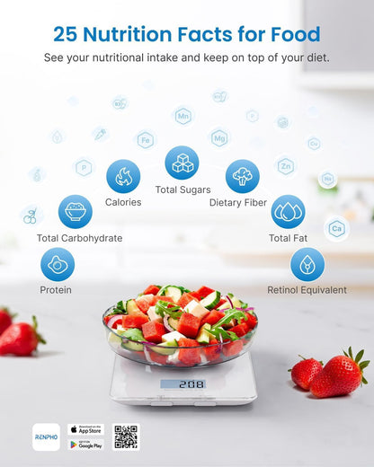 RENPHO Smart Food Nutrition Kitchen Scale, Food Scale for Food Ounces and Grams, Coffee Scale with Timer, Nutritional Calculator for Keto, Macro, and Calorie with Smartphone App, White