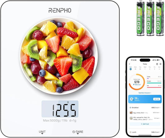 RENPHO Smart Food Nutrition Kitchen Scale, Food Scale for Food Ounces and Grams, Coffee Scale with Timer, Nutritional Calculator for Keto, Macro, and Calorie with Smartphone App, White