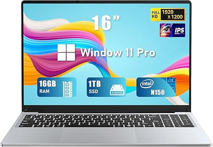 Gaming Laptop, 16 Inch Laptop Computer with Windows 11 Pro, Intel 12th Gen N150 Processor(up to 3.6GHz), 16GB RAM 1TB SSD, Backlit Keyboard, FHD 1920 * 1200, Bluetooth.