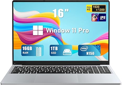 Gaming Laptop, 16 Inch Laptop Computer with Windows 11 Pro, Intel 12th Gen N150 Processor(up to 3.6GHz), 16GB RAM 1TB SSD, Backlit Keyboard, FHD 1920 * 1200, Bluetooth.