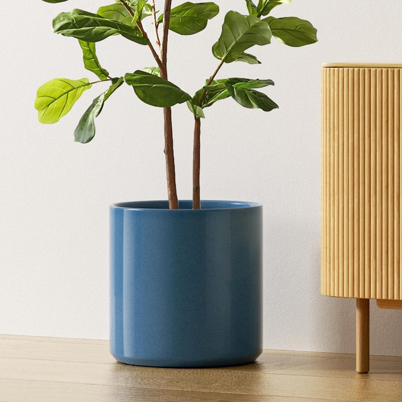 LE TAUCI 12 Inch Plant Pots, Ceramic Planters for Indoor Plants, Mid-Century Modern Plant Pots Indoor, Round Pot Plante Interieur with Drainage Hole and Removable Plug, Reactive Glaze Blue