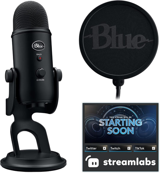 Logitech for Creators Blue Yeti Game Streaming Kit with Yeti USB Gaming Mic, Streaming, Twitch, Discord, Studio Quality Sound, Exclusive Streamlabs Themes, Custom Blue Pop Filter, PC/Mac/PS4/PS5