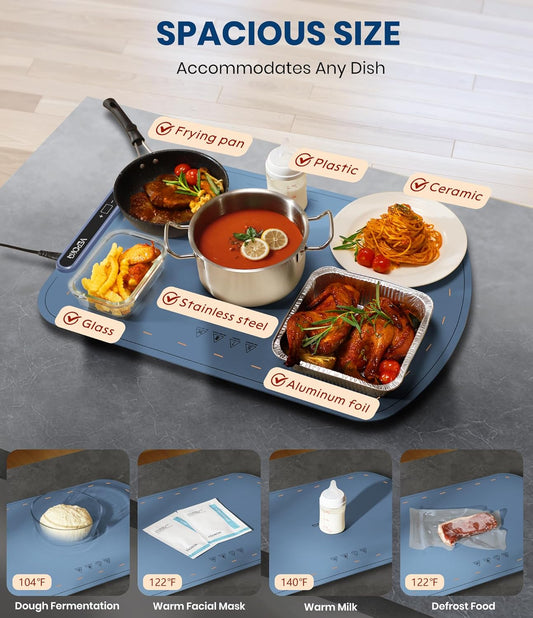Food Warming Mat for Buffet, VEPOKA Food Warming Mats for Countertop, Silicone Heating Mat with 7 Temperature Levels& Auto Shut-Off, Food Warmers for Parties, Gatherings, Everyday Use - PuriLite