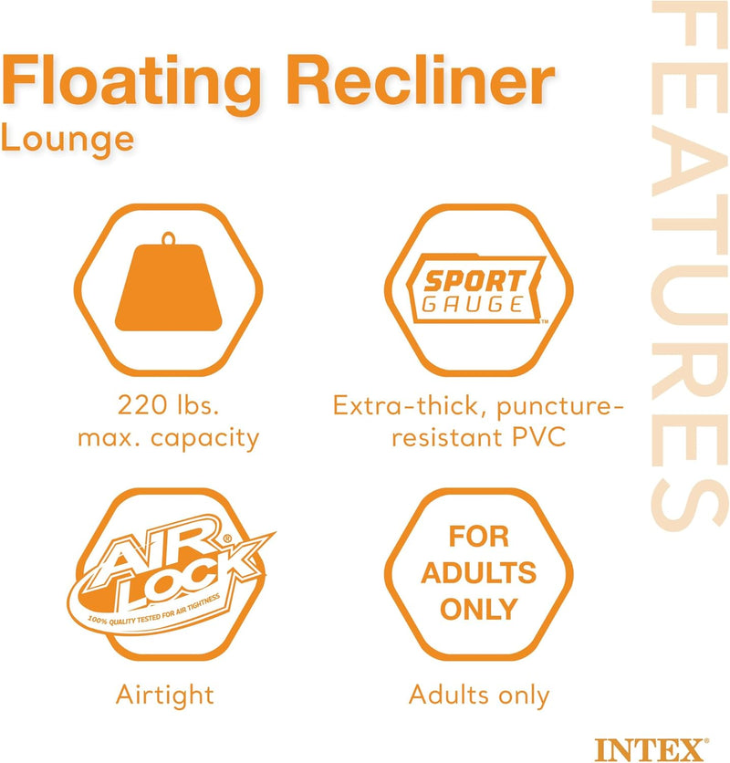Intex Inflatable Lounge Pool Recliner Lounger Chair with Cup Holders - Heavy-Duty Float Raft for Adults, 220 Lb Capacity Large Floating Tanning Chair
