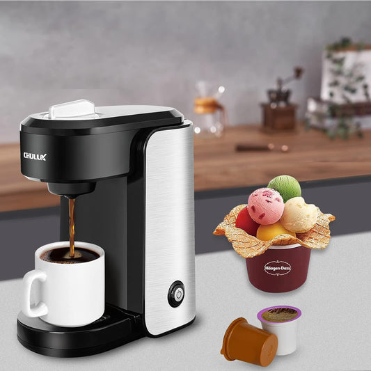 CHULUX Single Serve Coffee Maker, 1000 Watts Single Cup Stainless Steel Coffee Machine for Capsule and Ground Coffee with Graduated Water Tank, One Button Operation - PuriLite