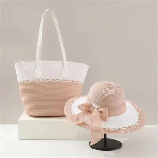 Women's Fashionable Retro Raffia Straw Hat And Tote Bag Set Wide Brim Bow Design Beach Essentials - PuriLite