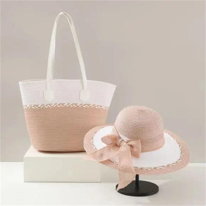 Women's Fashionable Retro Raffia Straw Hat And Tote Bag Set Wide Brim Bow Design Beach Essentials