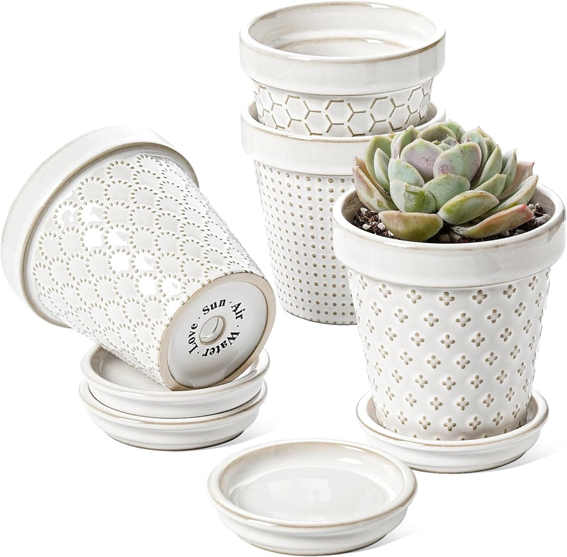 LE TAUCI Plant Pots, 4 Inch Succulent Plant Pots Indoor, Ceramic Small Flower Pots with Drainage & Saucers, Decorative Lovely Planter for Mini Cactus, Set of 4, Arctic White