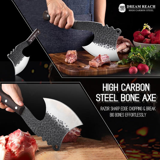 Dream Reach Meat Bone Cleaver Knife for Meat Cutting Handmade Heavy Duty Butcher Axes Hand Forged Full Tang Chopper for Kitchen Outdoor BBQ Chef Gifts Idea Men Black