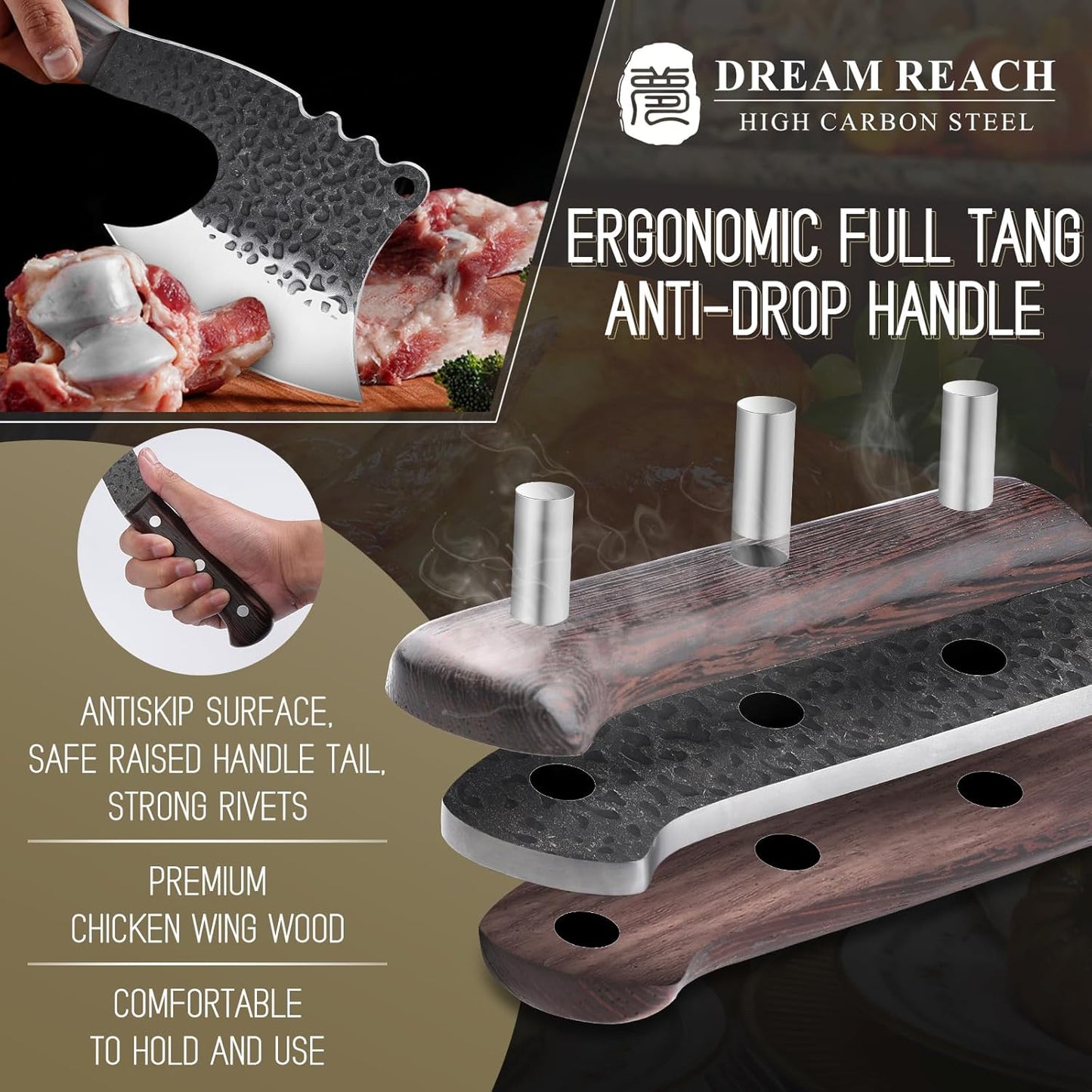 Dream Reach Meat Bone Cleaver Knife for Meat Cutting Handmade Heavy Duty Butcher Axes Hand Forged Full Tang Chopper for Kitchen Outdoor BBQ Chef Gifts Idea Men Black