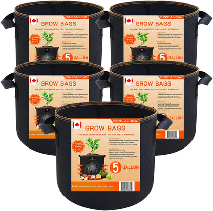 INSTAGROW 5-Pack 5 Gallon Heavy Duty Breathable Thickened Nonwoven Fabric Pots Grow Bags with More Durable Nylon Handles (5 Gallon)
