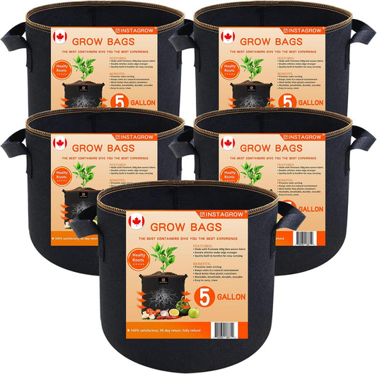 INSTAGROW 5-Pack 5 Gallon Heavy Duty Breathable Thickened Nonwoven Fabric Pots Grow Bags with More Durable Nylon Handles (5 Gallon)