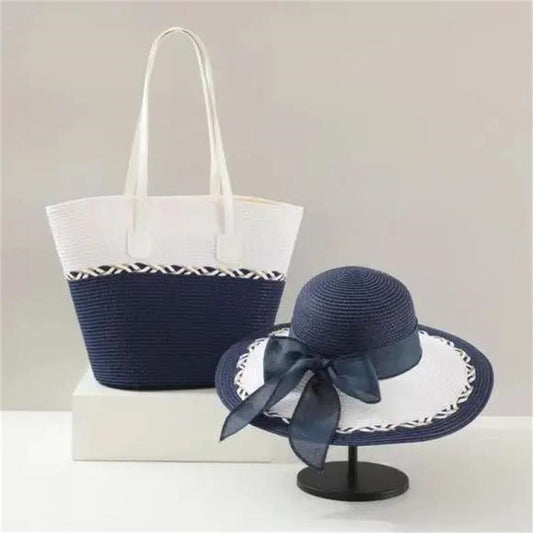 Women's Fashionable Retro Raffia Straw Hat And Tote Bag Set Wide Brim Bow Design Beach Essentials