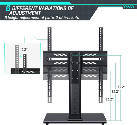 Greenstell TV Stand with Power Outlet, Universal TV Mount Stand for 27-60 inch TVs，Height Adjustable, Swivel Table Top TV Stand with Tempered Glass Base, Holds up to 88 LBs, Max VESA 400x400mm,Black - PuriLite