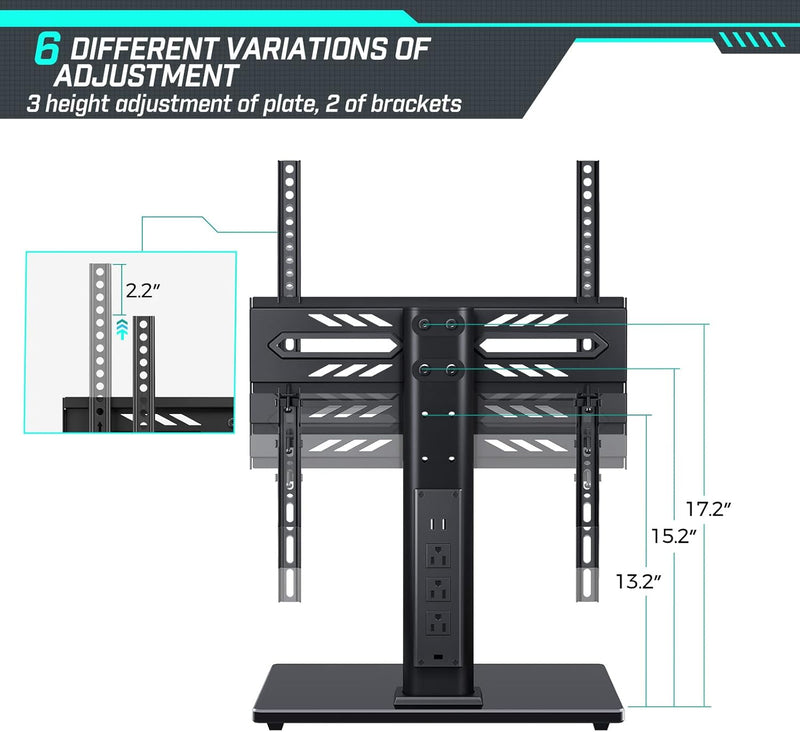 Greenstell TV Stand with Power Outlet, Universal TV Mount Stand for 27-60 inch TVs，Height Adjustable, Swivel Table Top TV Stand with Tempered Glass Base, Holds up to 88 LBs, Max VESA 400x400mm,Black