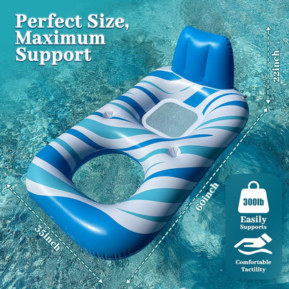Pool Floats Adult - Inflatable Tanning Pool, Extra Large Pool Floats for Adults Heavy Duty Water Floaty with Backrest, Footrest & Cup Holder for River Lake Floaties Water Floats