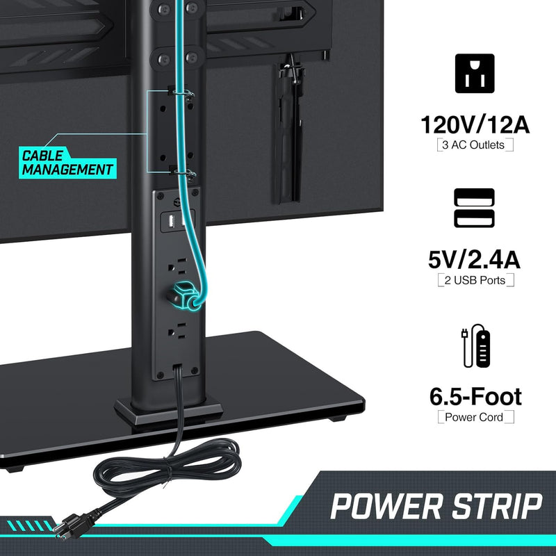 Greenstell TV Stand with Power Outlet, Universal TV Mount Stand for 27-60 inch TVs，Height Adjustable, Swivel Table Top TV Stand with Tempered Glass Base, Holds up to 88 LBs, Max VESA 400x400mm,Black