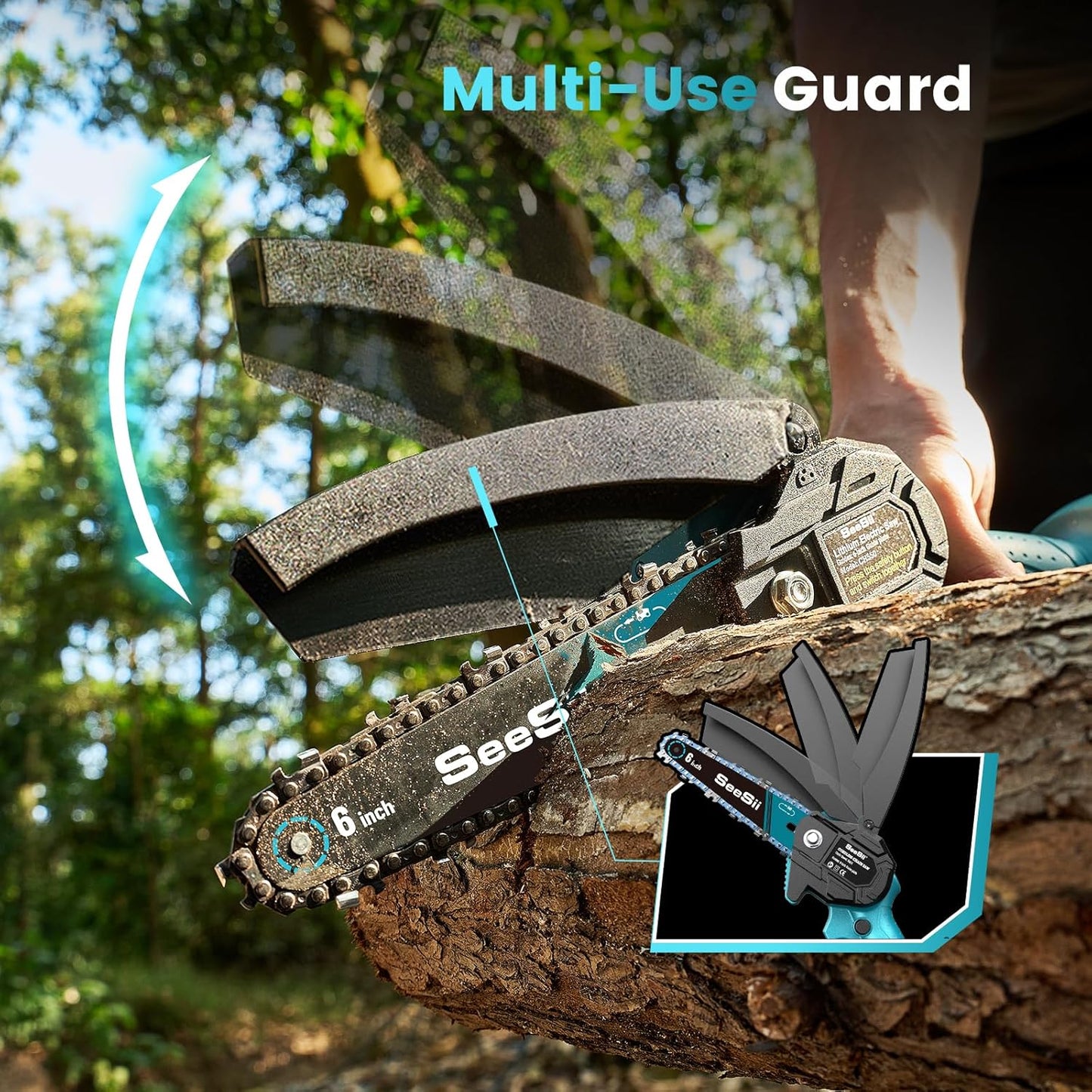 SEESII 6-Inch Mini Chainsaw Cordless – 800W Electric Chainsaw with 4.0Ah Battery – Lightweight Handheld Saw for Branch Cutting, Pruning & Gardening