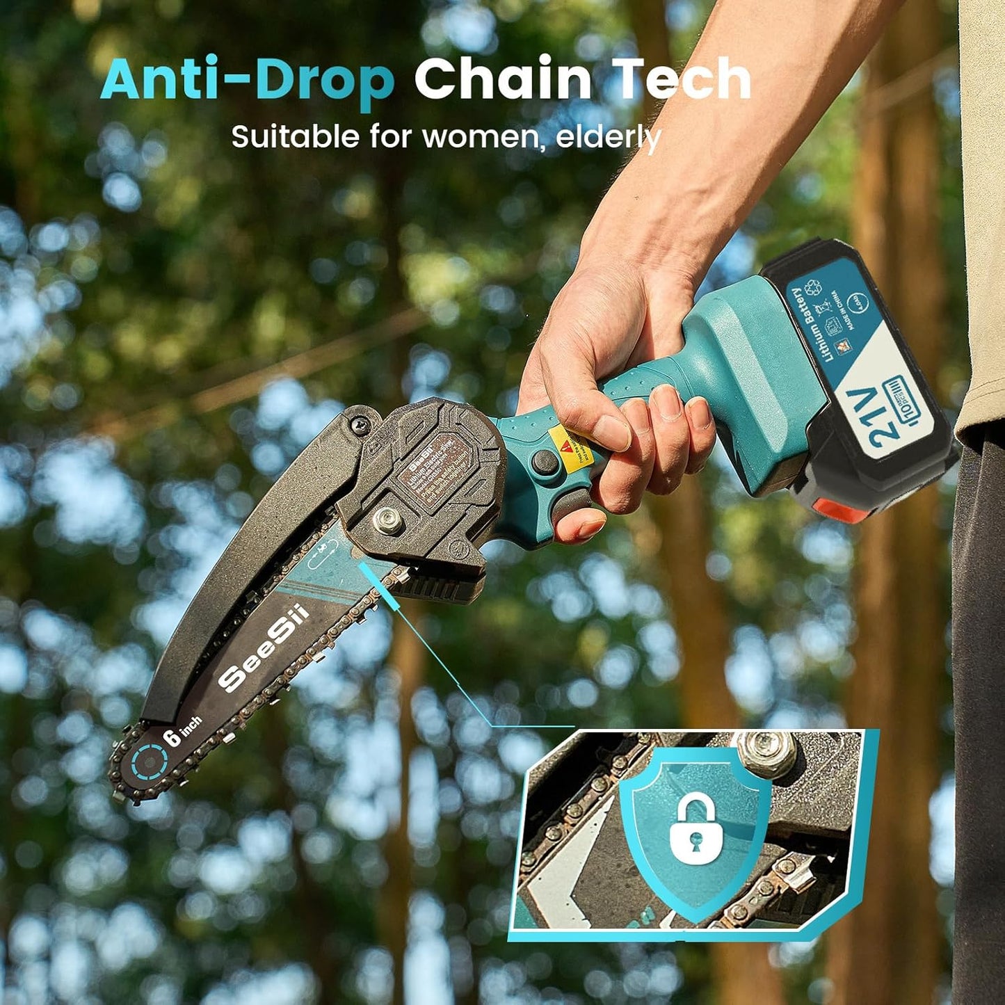 SEESII 6-Inch Mini Chainsaw Cordless – 800W Electric Chainsaw with 4.0Ah Battery – Lightweight Handheld Saw for Branch Cutting, Pruning & Gardening