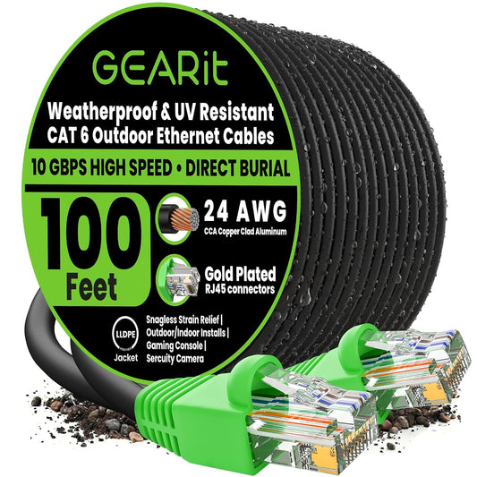 GEARit Cat6 Ethernet Cable 100ft, Outdoor Direct Burial Cat 6 Cable 24AWG High Speed Up to 10Gbps, LLDPE (PE) UV-Resistant Waterproof Jacket, CCA RJ45 Network Internet Cable for Router- Black,100FT