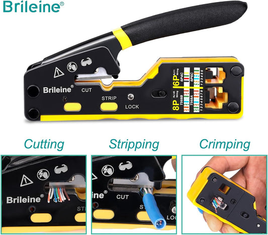 Brileine RJ45 Crimping Tool Pass Through Kit Ethernet Crimper Cat5 Cat5e Cat6 Crimping Tool for RJ11/12 6P/8P with Network LAN Cable Tester, 50PCS CAT6 Connectors, 50PCS Boots, Mini Cable Stripper