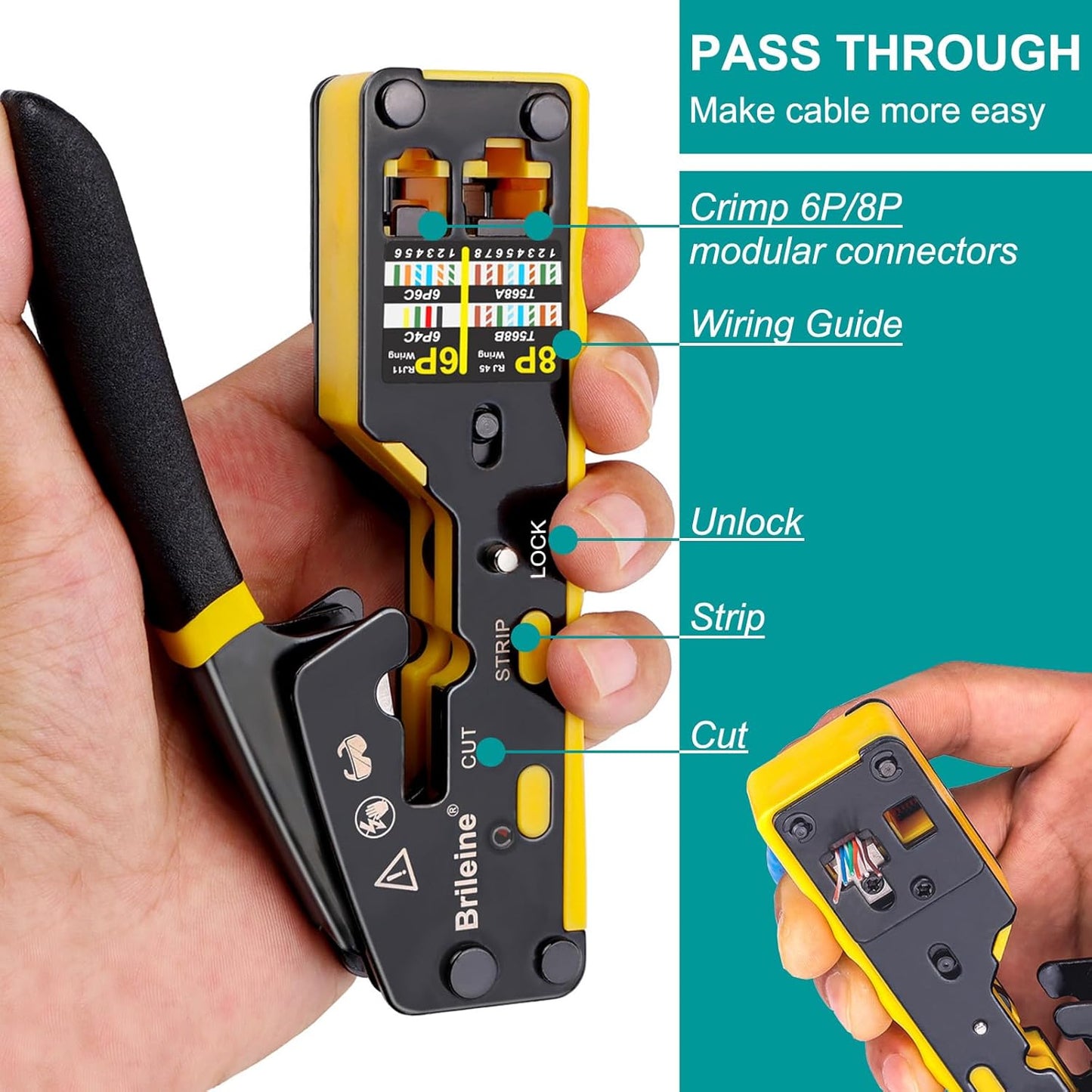 Brileine RJ45 Crimping Tool Pass Through Kit Ethernet Crimper Cat5 Cat5e Cat6 Crimping Tool for RJ11/12 6P/8P with Network LAN Cable Tester, 50PCS CAT6 Connectors, 50PCS Boots, Mini Cable Stripper