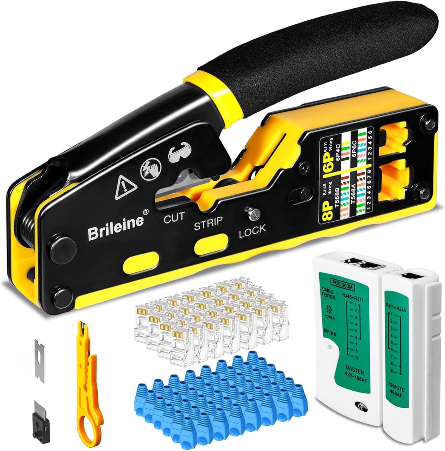 Brileine RJ45 Crimping Tool Pass Through Kit Ethernet Crimper Cat5 Cat5e Cat6 Crimping Tool for RJ11/12 6P/8P with Network LAN Cable Tester, 50PCS CAT6 Connectors, 50PCS Boots, Mini Cable Stripper