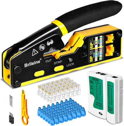 Brileine RJ45 Crimping Tool Pass Through Kit Ethernet Crimper Cat5 Cat5e Cat6 Crimping Tool for RJ11/12 6P/8P with Network LAN Cable Tester, 50PCS CAT6 Connectors, 50PCS Boots, Mini Cable Stripper