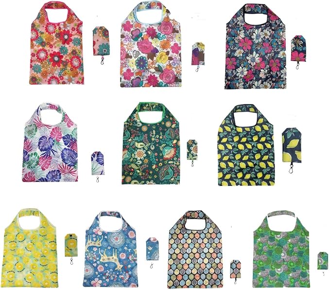 10 Pack Reusable Shopping Grocery Bags Foldable Washable Fashion Shopping Bags, Portable Eco-friendly Tote Bags, featuring 10 patterns and prints, Heavy Duty Tote,for Supermarket Going Out