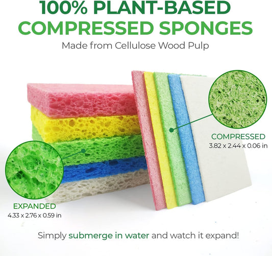 Pack of 16 Biodegradable Compressed Sponges for Dishes - Made from Cellulose - Eco Friendly, Non Scratch, Odour Free, Compostable Pop Up Sponges for Kitchen & Bathroom - Green America & PETA Certified - PuriLite