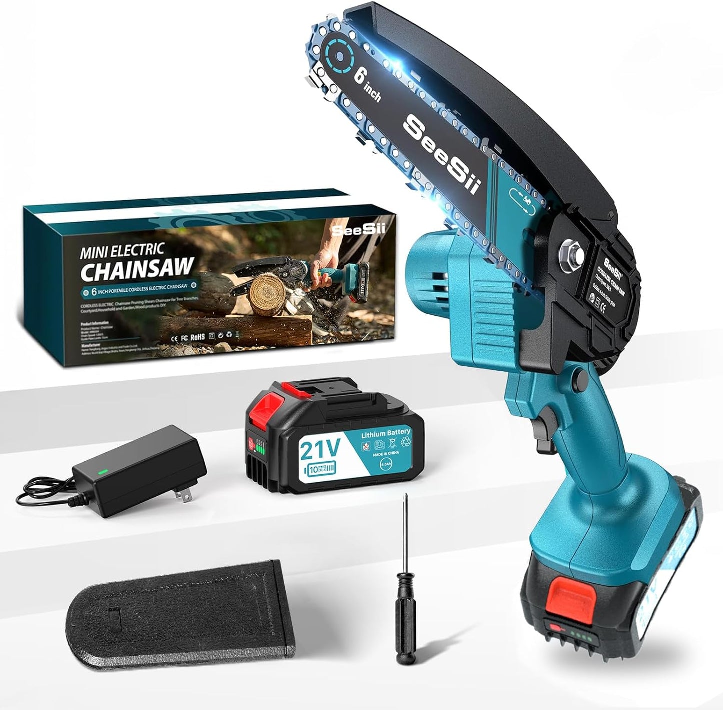 SEESII 6-Inch Mini Chainsaw Cordless – 800W Electric Chainsaw with 4.0Ah Battery – Lightweight Handheld Saw for Branch Cutting, Pruning & Gardening