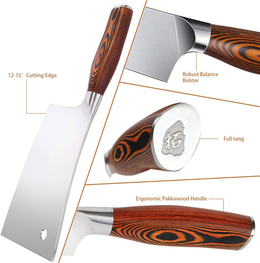 TUO Chopping Knife, 7 inch Heavy Duty Meat Cleaver, German X50Cr15MoV Stainless Steel with Eye-catching Egrgonomic Pakkawood Handle, Razor Sharp Stain Rust Resistant, Fiery Series
