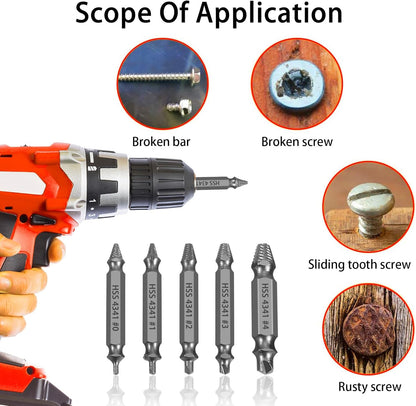 HSS Damaged Screw Extractor Set, 5-Piece Drill Bit Kit for Removing Stripped Screws, Bolts, and Nuts, Grey - PuriLite