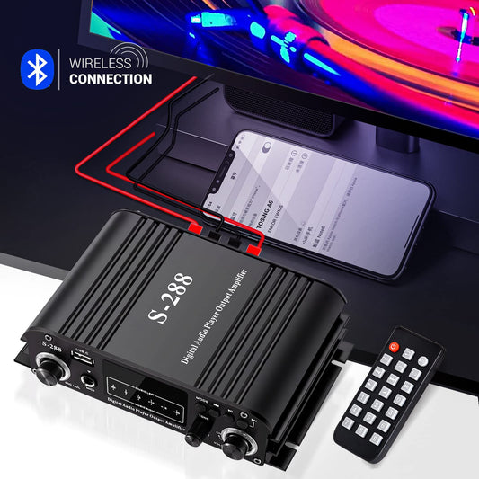 Facmogu S-288 4 CH Bluetooth 5.0 Home Audio Amplifier, RMS 45Wx4, Max 600W HiFi Stereo Power Amplifier USB, SD, FM Class D Speaker Amp for Home Theater Karaoke, with Power Adapter & Remote Control - PuriLite