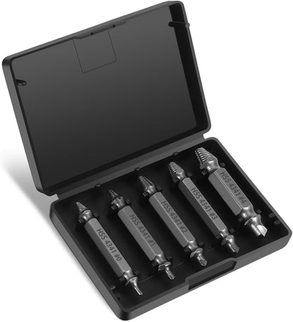 HSS Damaged Screw Extractor Set, 5-Piece Drill Bit Kit for Removing Stripped Screws, Bolts, and Nuts, Grey - PuriLite