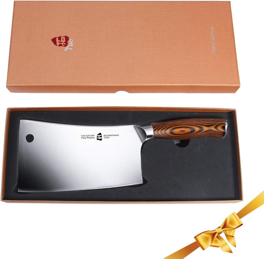 TUO Chopping Knife, 7 inch Heavy Duty Meat Cleaver, German X50Cr15MoV Stainless Steel with Eye-catching Egrgonomic Pakkawood Handle, Razor Sharp Stain Rust Resistant, Fiery Series