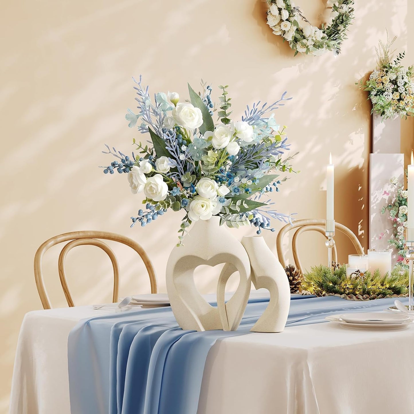 White Hollow Ceramic Vase Set of 2 – Intertwined Heart Design – Modern Nordic Boho Home Décor Flower Vases