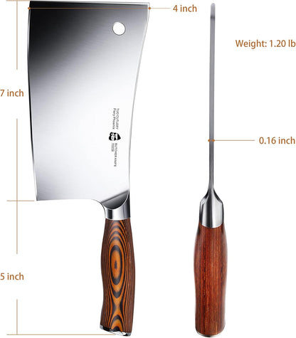 TUO Chopping Knife, 7 inch Heavy Duty Meat Cleaver, German X50Cr15MoV Stainless Steel with Eye-catching Egrgonomic Pakkawood Handle, Razor Sharp Stain Rust Resistant, Fiery Series
