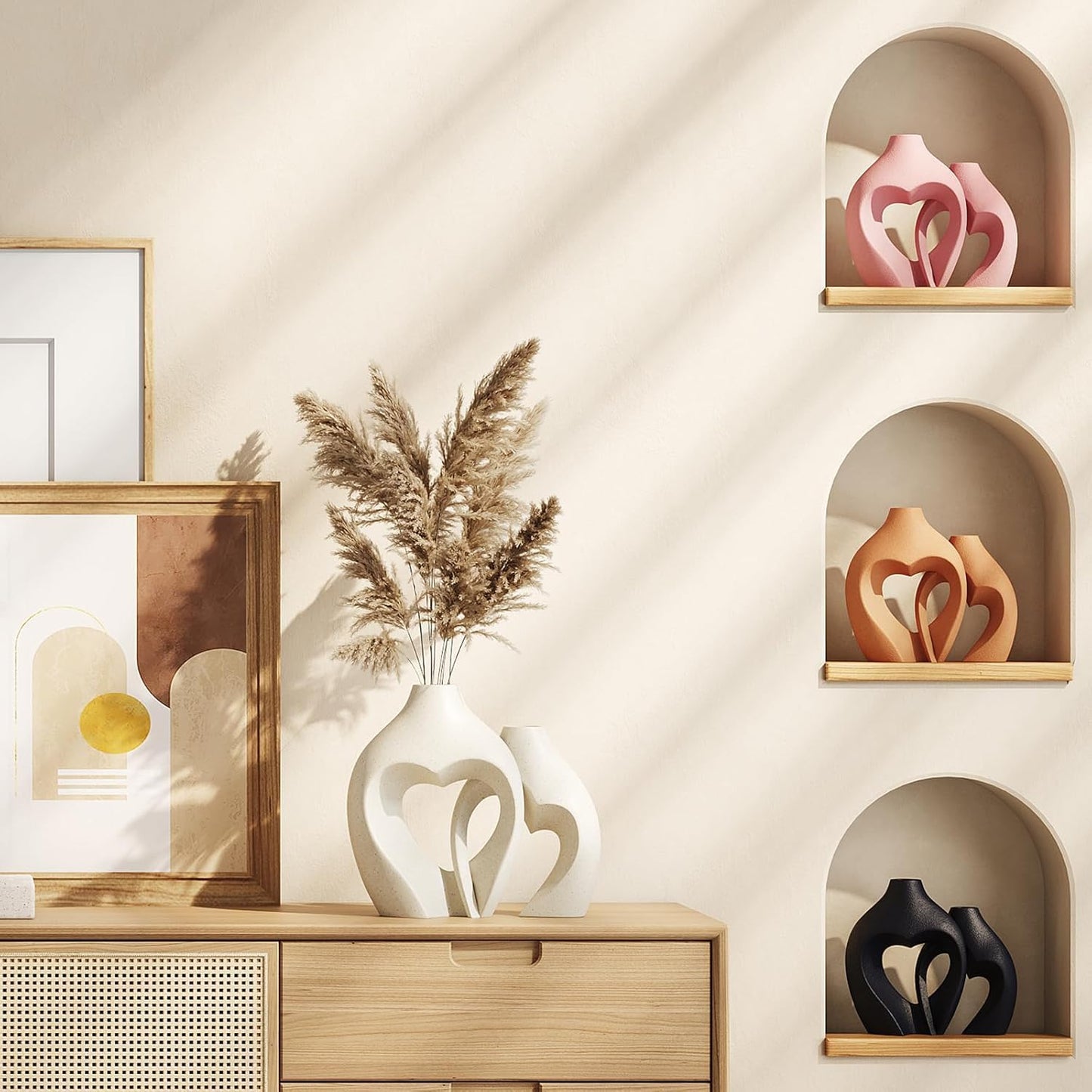 White Hollow Ceramic Vase Set of 2 – Intertwined Heart Design – Modern Nordic Boho Home Décor Flower Vases