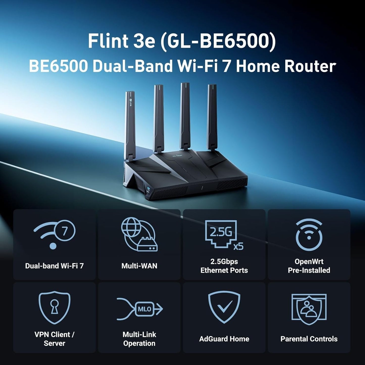 GL.iNet GL-BE6500 (Flint 3e) WiFi 7 Router, High-Speed WiFi Router for Wireless Internet w/VPN, 5 x 2.5G Ethernet Port for Fiber Optic Modem, Long Range Large Home, Business & Gaming Computer Routers | High-Speed Router