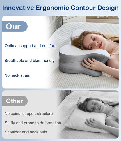 Cervical Neck Pillow, Ergonomic Memory Foam Pillows for Neck Pain Relief with Breathable Pillowcase, Contour Neck Support Pillow for Side Back Stomach Sleepers White