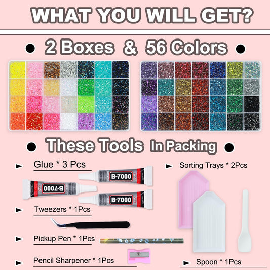 56 Colors Rhinestones for Bedazzling Kit, 2 Boxes 3mm Resin Jelly Flatback Gems with 3Pcs 10ml B7000 Glue, Multicolor Rhinestone Bedazzle Set for DIY Crafts, Clothing, Shoes, Nails Decoration