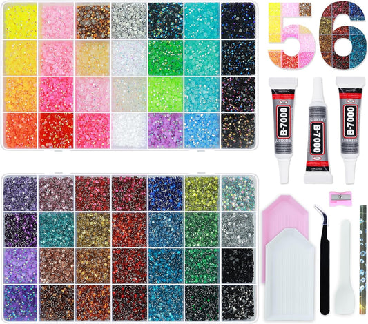 56 Colors Rhinestones for Bedazzling Kit, 2 Boxes 3mm Resin Jelly Flatback Gems with 3Pcs 10ml B7000 Glue, Multicolor Rhinestone Bedazzle Set for DIY Crafts, Clothing, Shoes, Nails Decoration